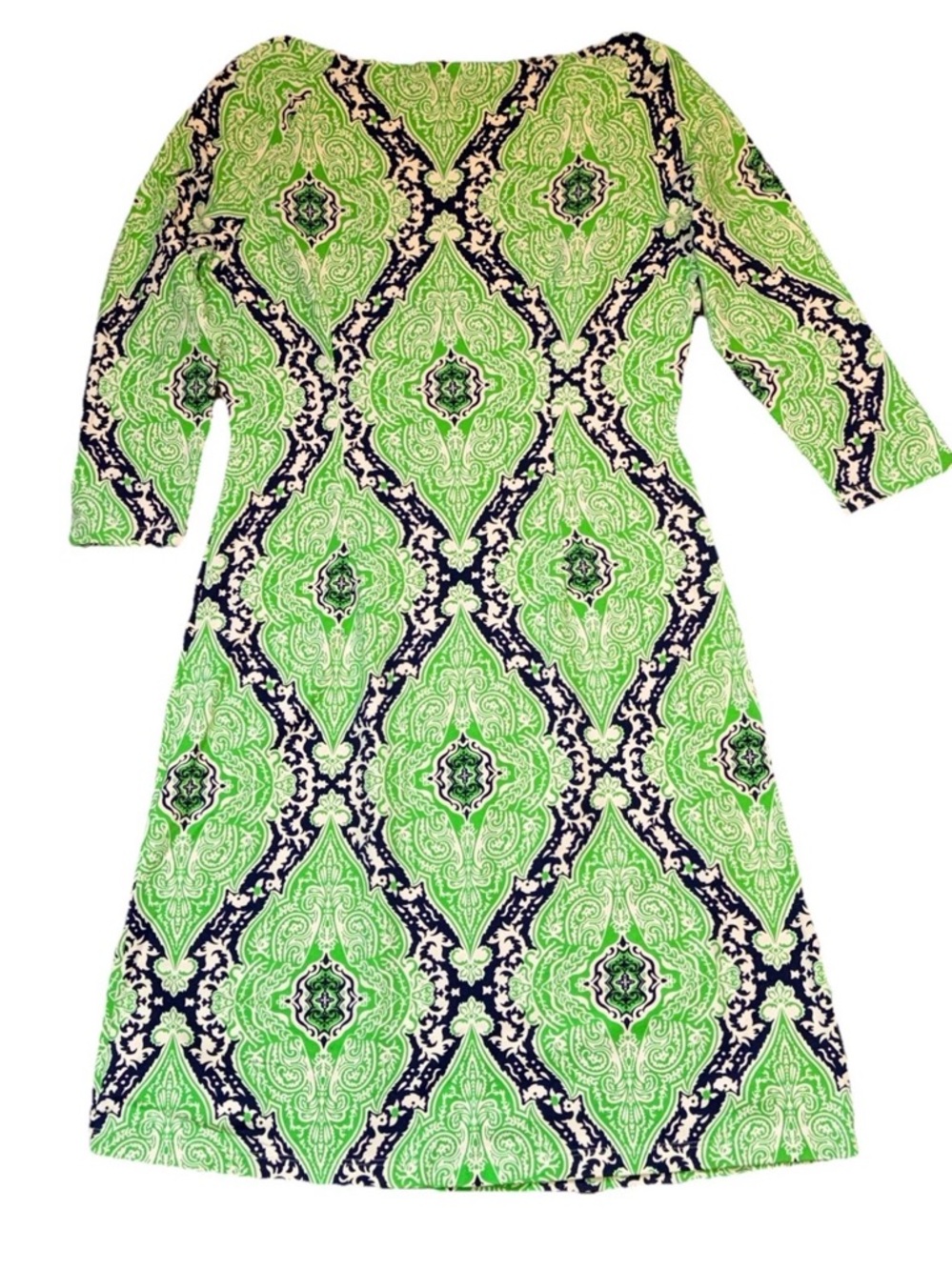 J. McLaughlin Green and Navy medallion Patterned 3/4 Sleeve sheath Dress soft